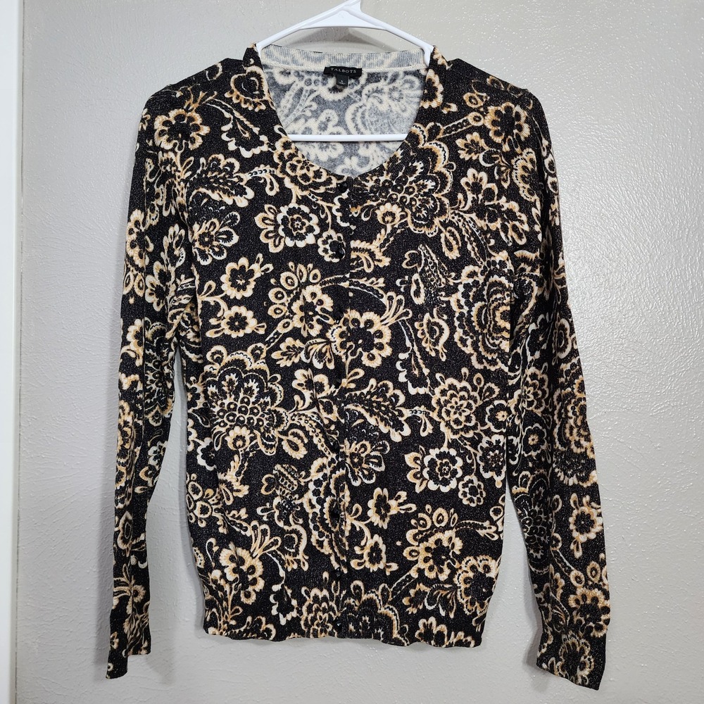 Talbots Women‎ Sweater Cardigan Black Gold Floral Paisley Size Large